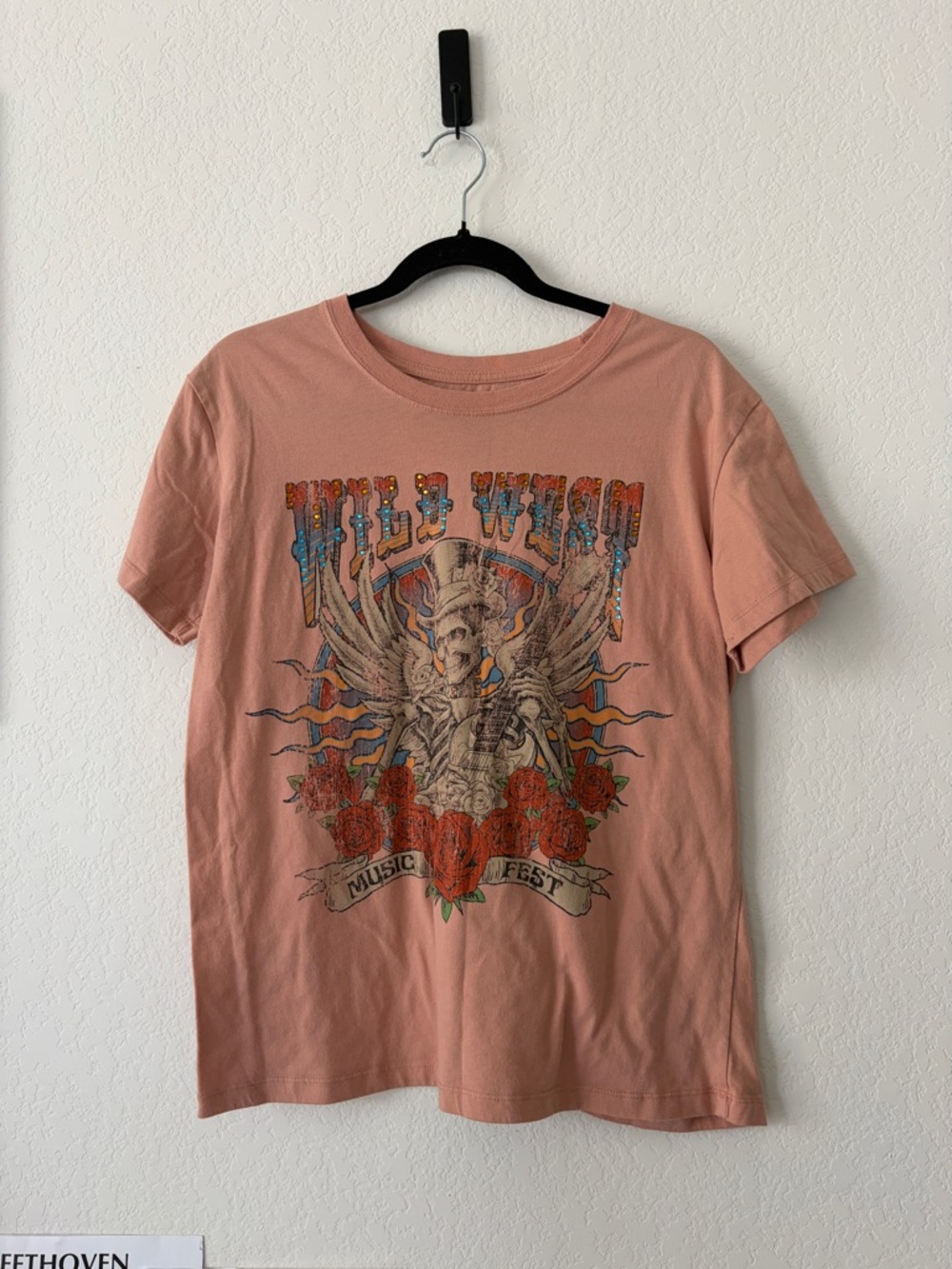 WILD WEST SKELETON ROSES BAND TEE BLUSH PINK WESTERN BOHO FESTIVAL TOP L